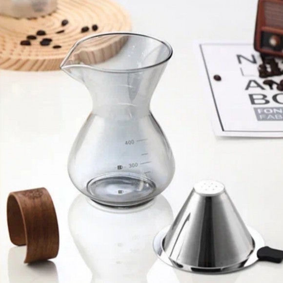 КЕМЕКС для кофе 400 мл. Кофейник с деревянной манжетой (стальная воронка в комплекте) 