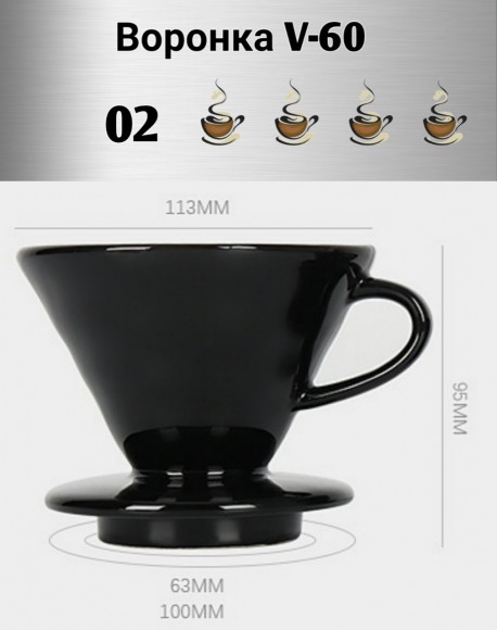 Воронка черная керамическая (пуровер) V-02 для заваривания способом Hario. 1-4 чашки