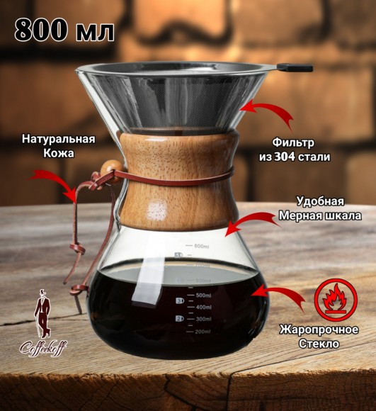 КЕМЕКС для кофе 800 мл. Кофейник (стальная воронка в комплекте) КЕМЕКС для кофе 800 мл. Кофейник (стальная воронка в комплекте)