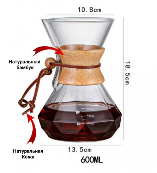 КЕМЕКС для кофе 600 мл. Кофейник (стальная воронка в комплекте).  Граненый 